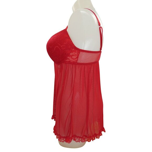 Passion Forever Red Lace Mesh Babydoll Plus Size 1X | Romantic Flirty Lingerie - Picture 3 of 10
